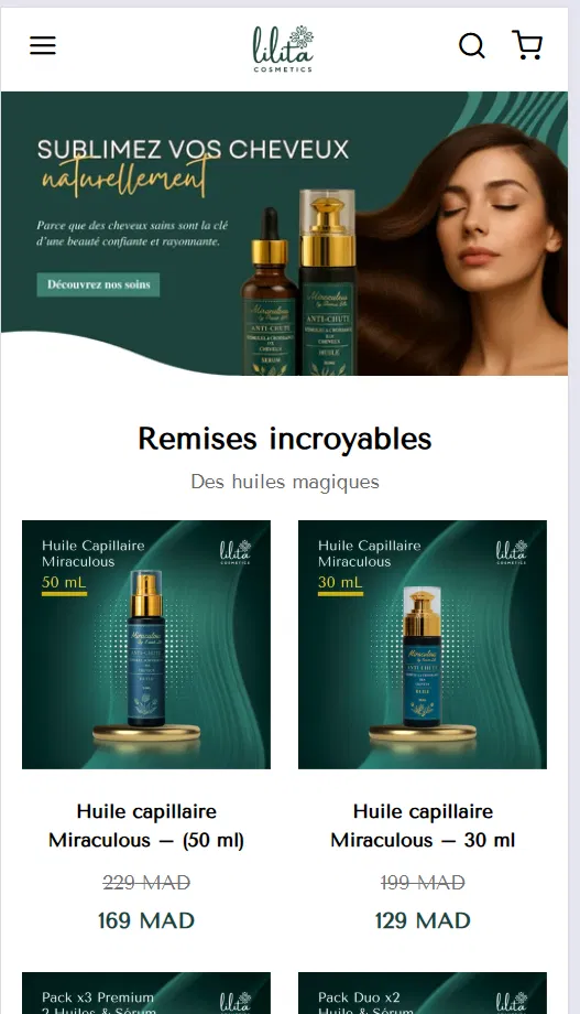 Lilita Cosmetics mobile store — hero banner and Miraculous hair-care products