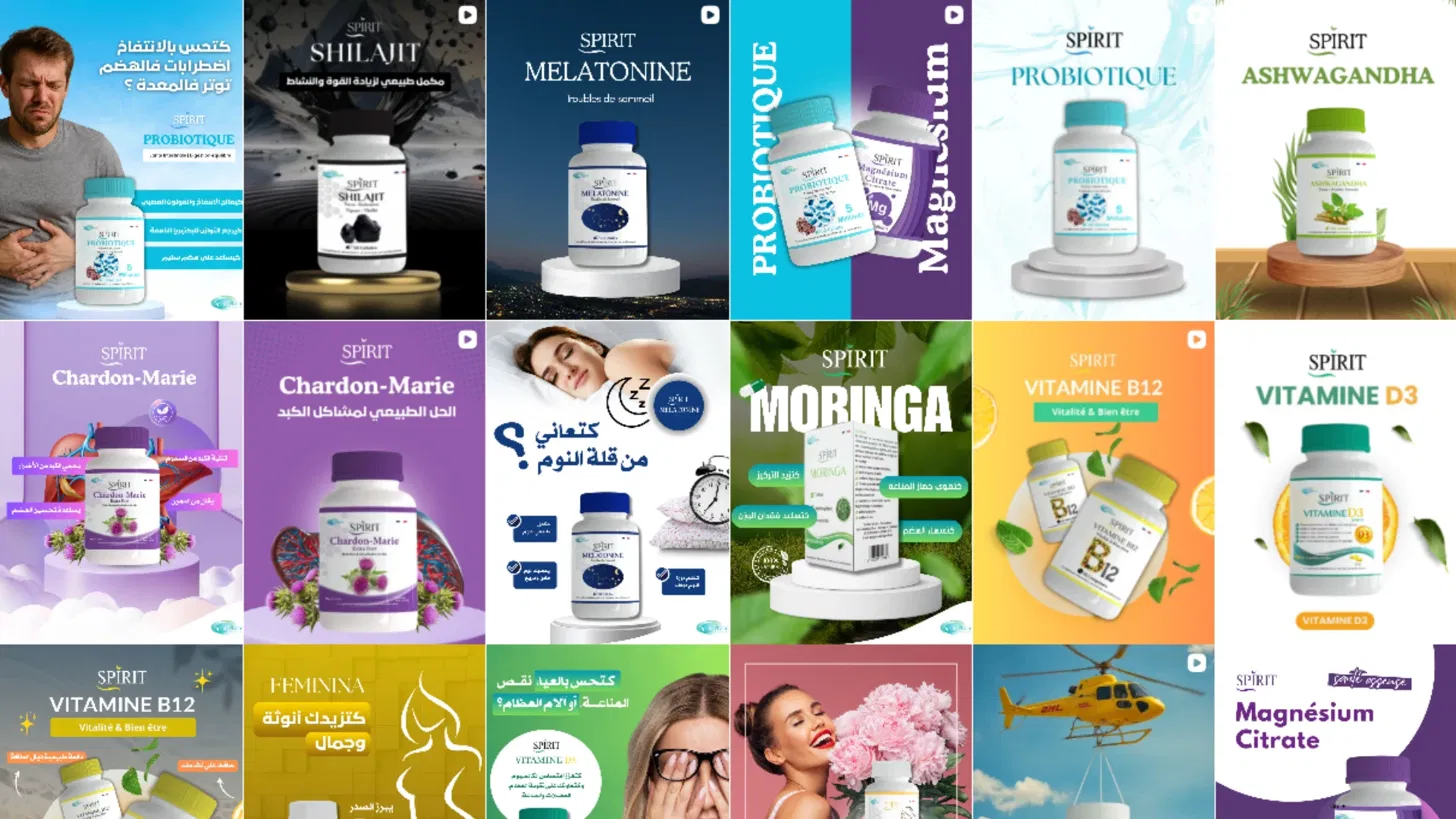 Spirit Pharma France Instagram content grid — Shilajit, Melatonine, Probiotique, Moringa posts