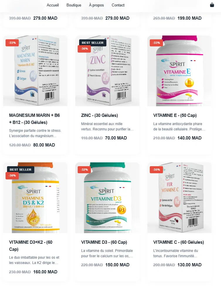 Spirit Pharma France online boutique — supplement product grid with prices