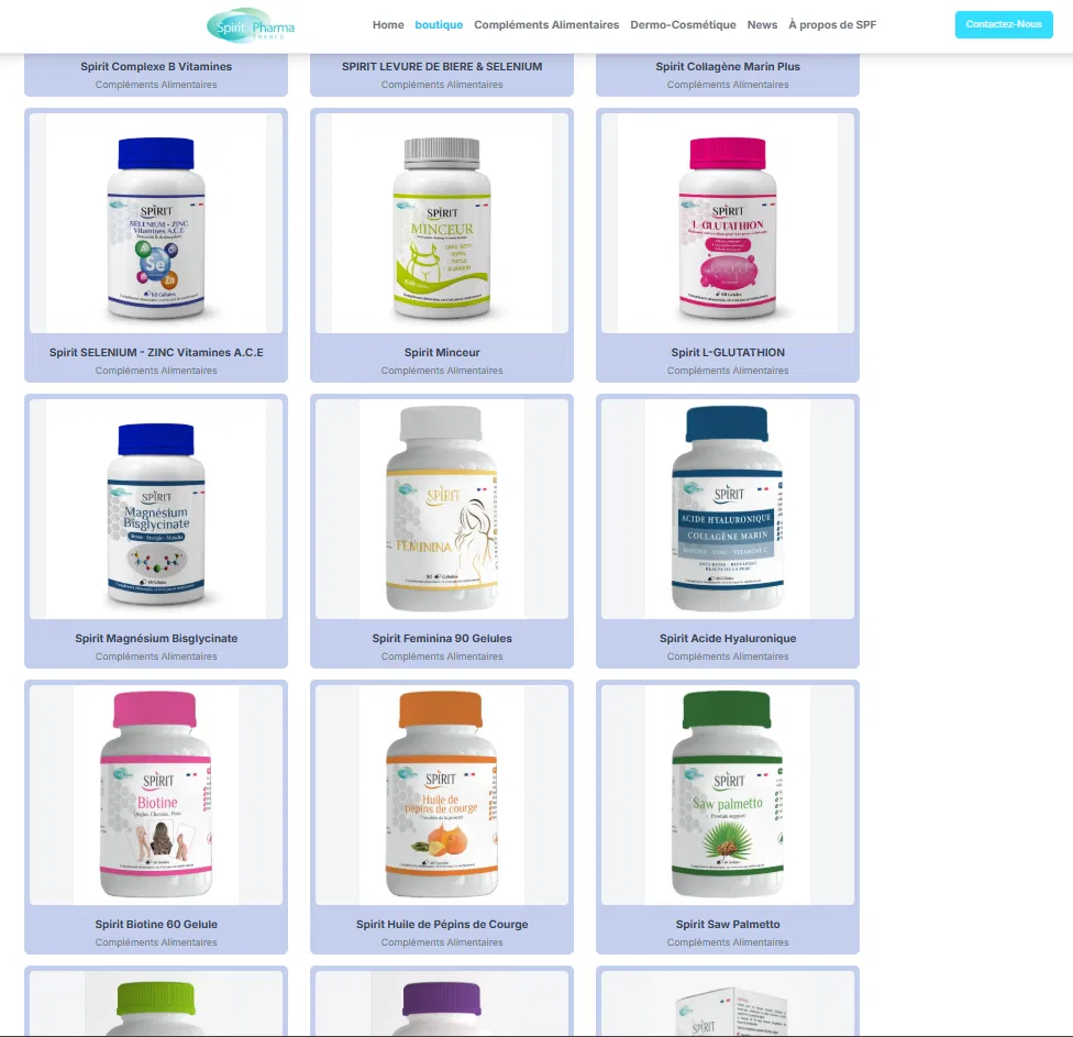 Spirit Pharma France catalogue — supplement categories on the website